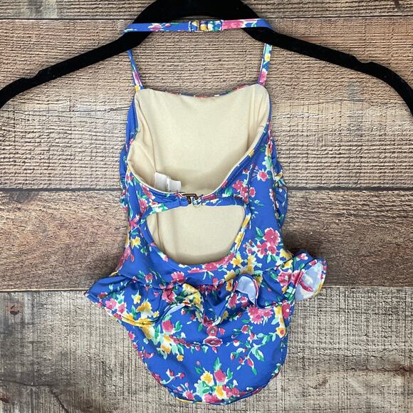Ralph Lauren Blue Floral Halter Ruffle Trim One Piece Swimsuit Size 9 Months - Picture 4 of 9